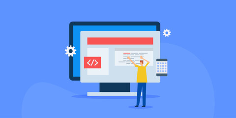 Website application development, customise coding and change design with web developer character people, vector illustration concept.