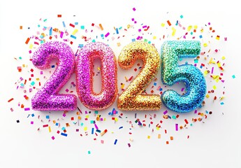 2025 written with colorful glitter on a white backdrop with glittering sparkles and confetti around creating a festive atmosphere. The concept of celebration for the New Year's Eve party.