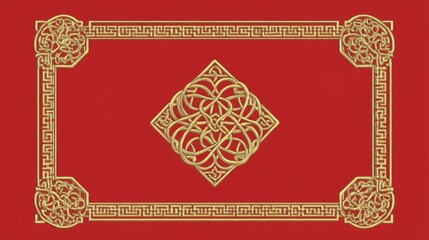 a red and gold framed square with a gold design in the center