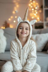 A cheerful child in a cozy unicorn onesie sitting on a couch in a warmly decorated living room during the holiday season