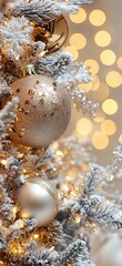 Wall Mural - a close-up of the christmas tree with lights and ornaments against a blurred background of sparkling