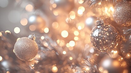Wall Mural - a close-up of the christmas tree with lights and ornaments against a blurred background of sparkling