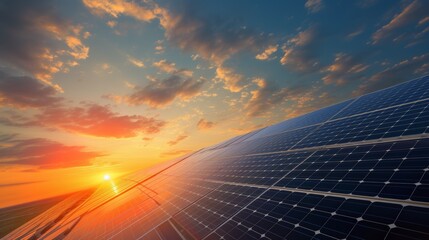 Sunrise over solar panels at a renewable energy facility showcasing clean technology and sustainable practices