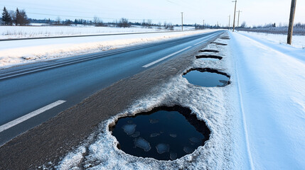 Poster - Snow-covered rural road with series of large, water-filled potholes, bordered by snow along a power line through a winter landscape.