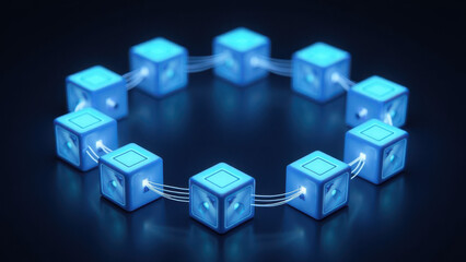Illustration of a circular array of blue cubic structures.