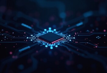 Fototapete - Digital Chip with Integrated Neural Network Elements - Futuristic Deep Learning and Data Processing Concept with Neon and Dark Tone