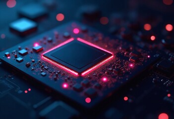 Aufkleber - Digital Chip with Integrated Neural Network Elements - Futuristic Deep Learning and Data Processing Concept with Neon and Dark Tone