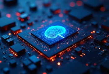 Aufkleber - Digital Chip with Integrated Neural Network Elements - Futuristic Deep Learning and Data Processing Concept with Neon and Dark Tone