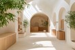 © MaMaKe - Minimalist interior design of a hallway with arched doorways, wooden accents, and potted plants.