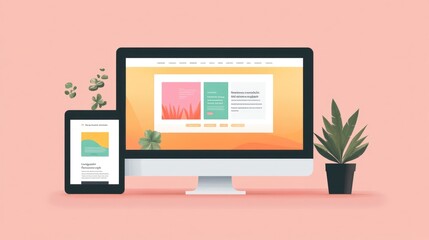 Desktop and Tablet Mockup with Minimalistic Design and Green Plants