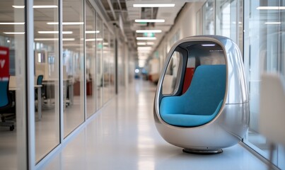 Wall Mural - Modern office hallway with a futuristic egg-shaped chair.