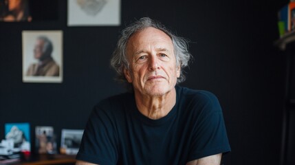 Wall Mural - Portrait of a serious man in a black T-shirt, sitting in his home office.