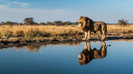 majestic lion reflection in a still water