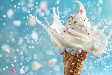 Ice cream scoop on waffle cone flying splash explosion with sprinkles cream topping frosting  on blue background, created by ai