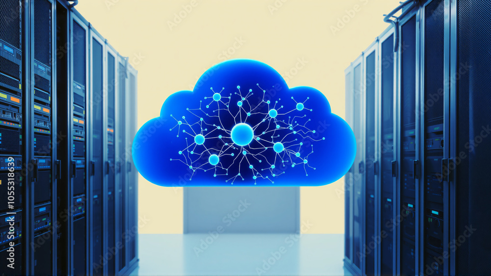 A blue digital cloud network visualization amidst rows of server racks ...