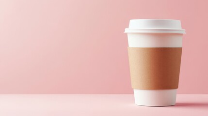 A stylish takeaway coffee cup with a kraft sleeve displays a modern minimalist design