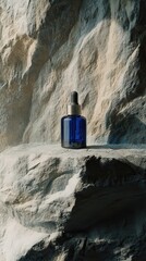 A sleek blue glass dropper bottle on stone adds a modern touch to skincare