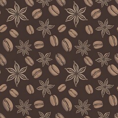 Seamless pattern with coffee beans and anise stars isolated on brown