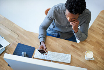 Aufkleber - Computer, creative and phone with black man in office for service designer, workflow mapping and website ui. Project management, target audience and feedback with person and above for startup