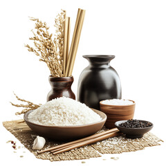 Rice, rice branches and wooden chopsticks on the table with bowl of white brown colored rice grains, black sea salt next to it, vases in dark colors isolated on transparent background