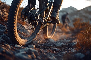 Mountain biking at sunset on rocky terrain in a scenic forest landscape