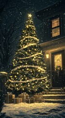 Christmas Tree Decorated with White Ribbons and Lights Outside the House at Night Generative AI