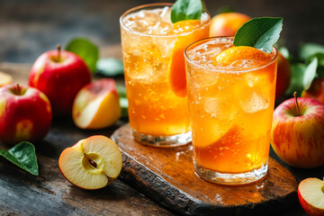 Two glasses of apple cider with fresh fruit and leaves