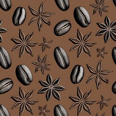 Seamless pattern with coffee beans and anise stars isolated on brown