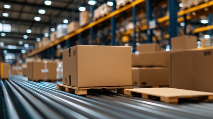 Cardboard boxes on pallets in a busy warehouse with blurred background.