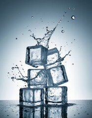 Flying ice cubes with water splash isolated on a full white background