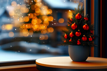 Elegant Christmas tree in a gray pot, decorated with red ornaments, on a table against window in a modern, contemporary living room. Copy space.