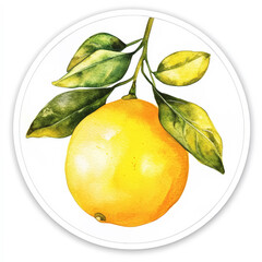 Wall Mural - Watercolor single lemon sticker icon. Hand drawn ripe lemon branch with green leaves on white background. Generative AI