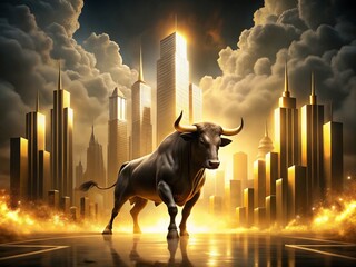 Majestic Bull in Urban Golden Bar Chart Landscape with Vibrant Lights and Smoke - Portrait Photography