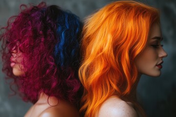 Two fashion models showing colorful dyed hairstyles