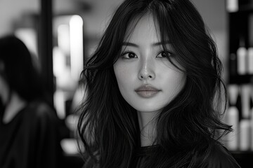 Beautiful young asian woman posing in hair salon, black and white portrait