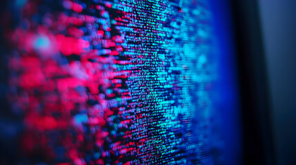 Close-up of a computer screen displaying lines of code, with a blurred background of pink and blue lights.
