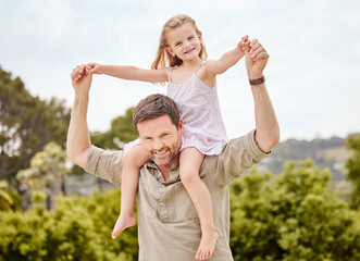 Canvas Print - Happy, shoulder carrying and dad with child, portrait and bonding with daughter, smile or nature. Sky, outdoor and father with girl, break and parent with kid in environment, park or family in Canada