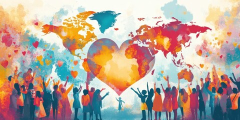 People celebrate on a world map with hearts.