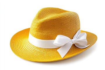 Vintage yellow straw hat with white ribbon on white background.