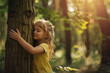 © Maksim - Kid girl hugs tree in peaceful forest. Protecting planet concept