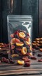 © Sasa Visual - Dried fruit in a resealable pouch sits on a wooden table with scattered fruit pieces