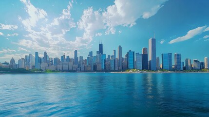 City skyline with tall buildings and waterfront under blue sky