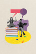 © deagreez - Vertical photo collage of two happy students girl hold laptop book stack university education bookworm isolated on painted background