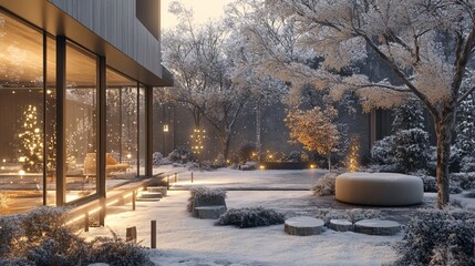 Wall Mural - Christmas lights illuminating snowy garden of modern house