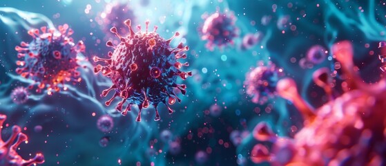 Wall Mural - computer-generated visualization shows 3d covid-19 virus particles in reds and yellows on a blue bac