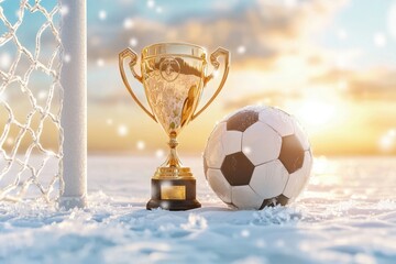 A shiny trophy sits beside a soccer ball near a goalpost illuminated by a sunset evoking the spirit of victory and the thrill of soccer