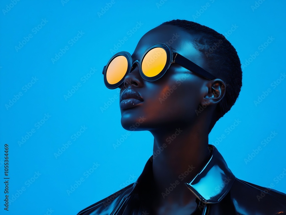 A woman wearing a black leather jacket and yellow sunglasses Stock ...