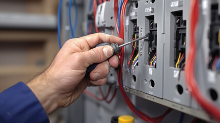 Technician working on electrical panel with screwdriver in a workshop