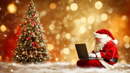 Wall Mural - Santa Claus working on a laptop beside a beautifully decorated Christmas tree during the holiday season