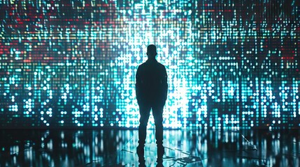 Man monitors data security on virtual screen with binary code.